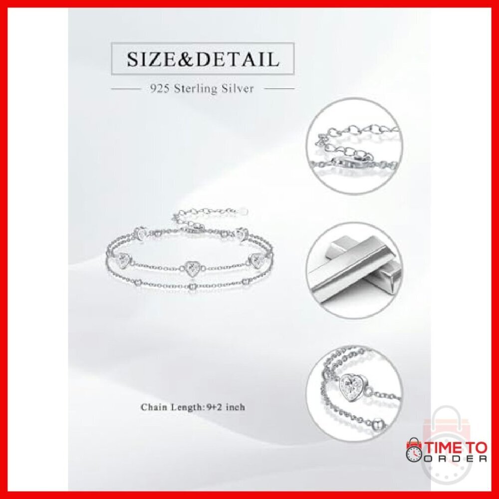 Sterling Silver Double Strand Heart Anklet with Birthstone Charm - Picture 7 of 8